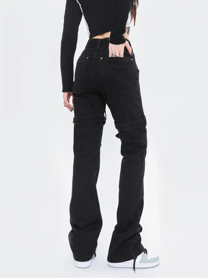 Free Shipping For 'Wires' Dark Denim Buckle Cross Strap Jeans