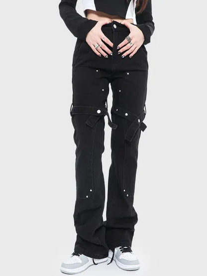 Free Shipping For 'Wires' Dark Denim Buckle Cross Strap Jeans