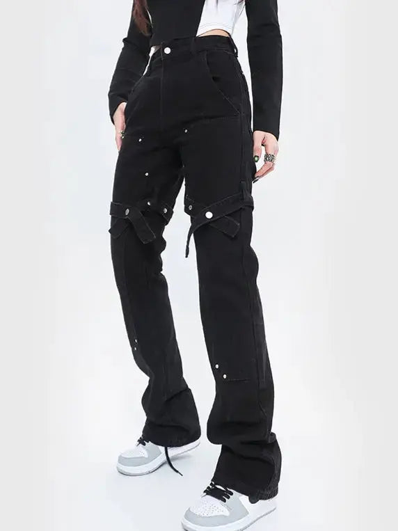 Free Shipping For 'Wires' Dark Denim Buckle Cross Strap Jeans