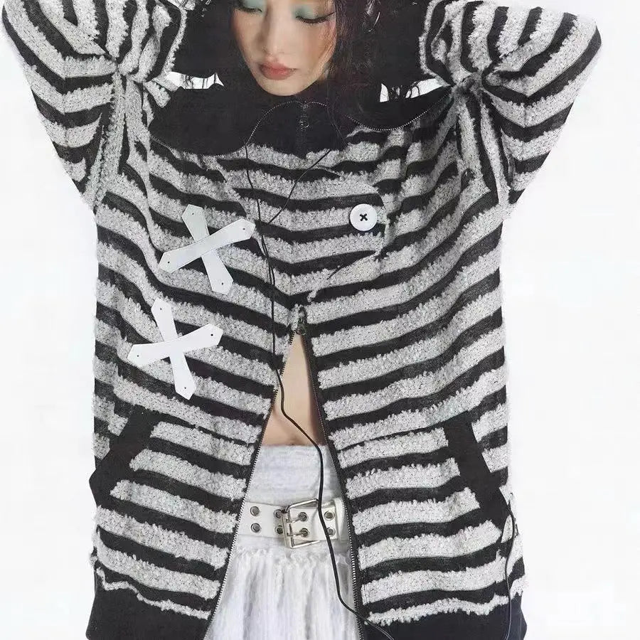 Free Shipping For 'XOXO' Grunge Striped Zip Up Jacket