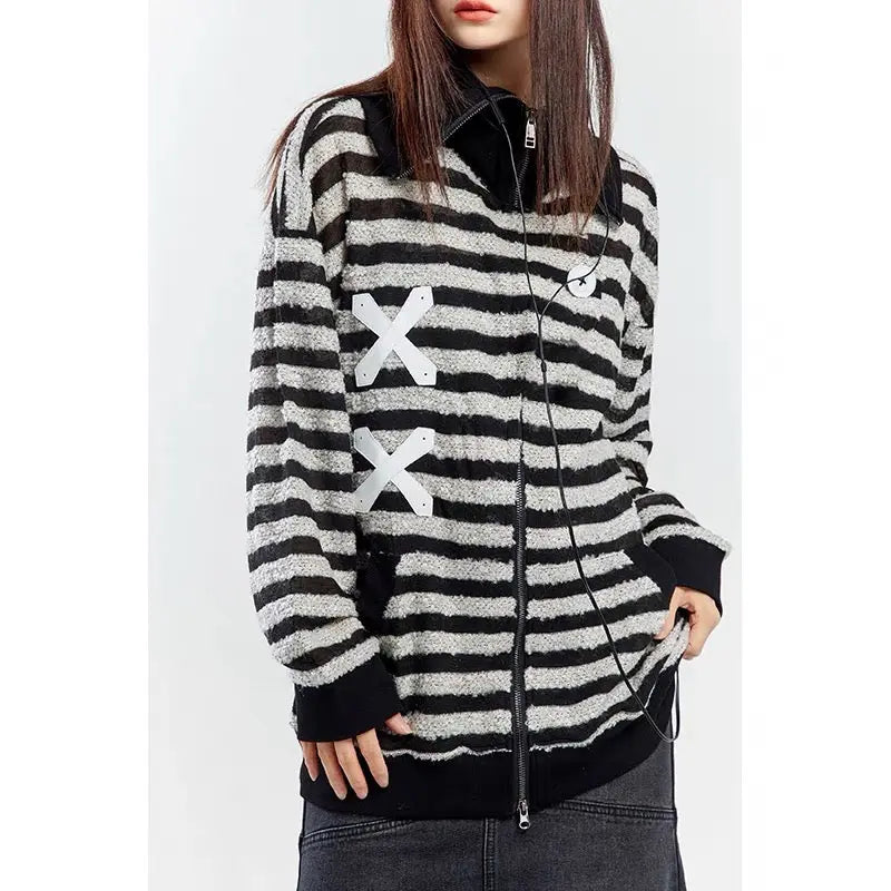 Free Shipping For 'XOXO' Grunge Striped Zip Up Jacket