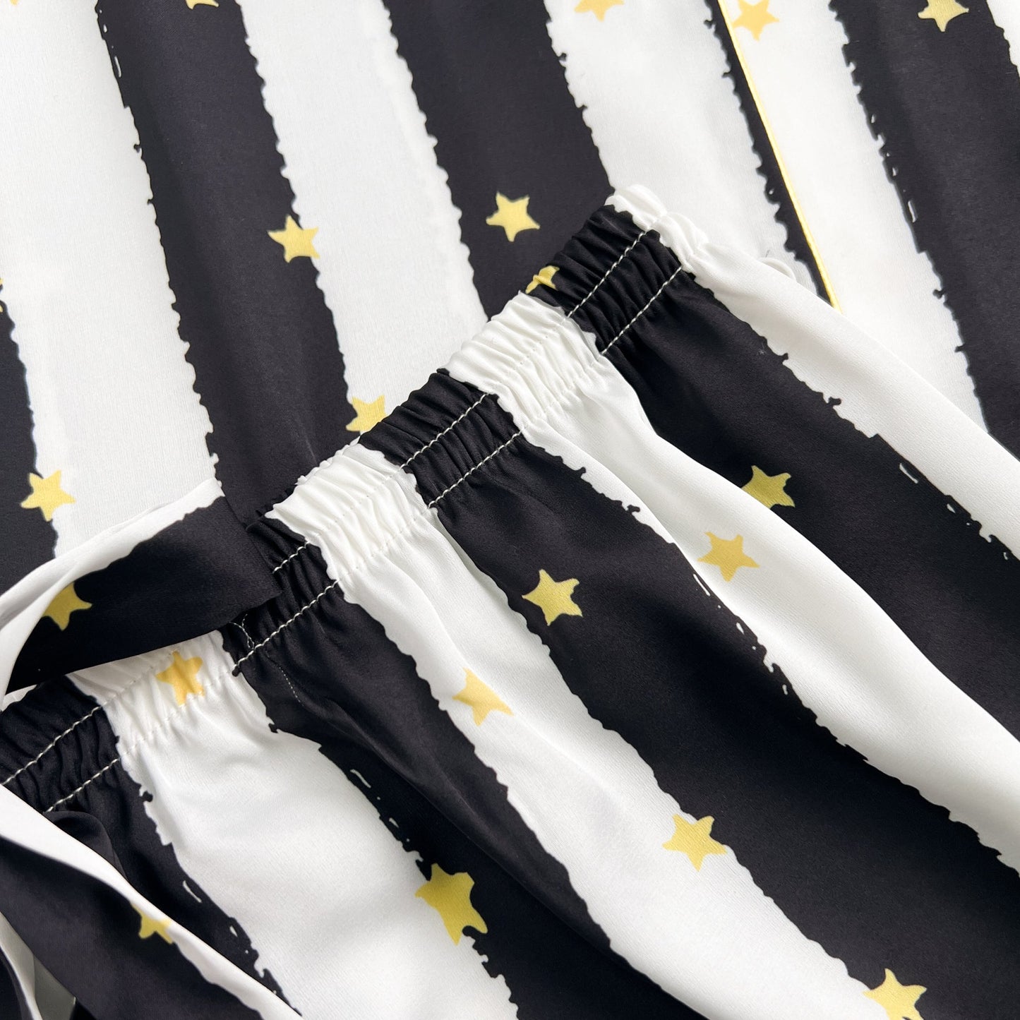 Free Shipping For Black Stripe Golde Stars Print Silky Satin Pajamas Set