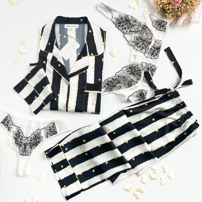 Free Shipping For Black Stripe Golde Stars Print Silky Satin Pajamas Set