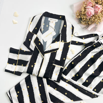 Free Shipping For Black Stripe Golde Stars Print Silky Satin Pajamas Set