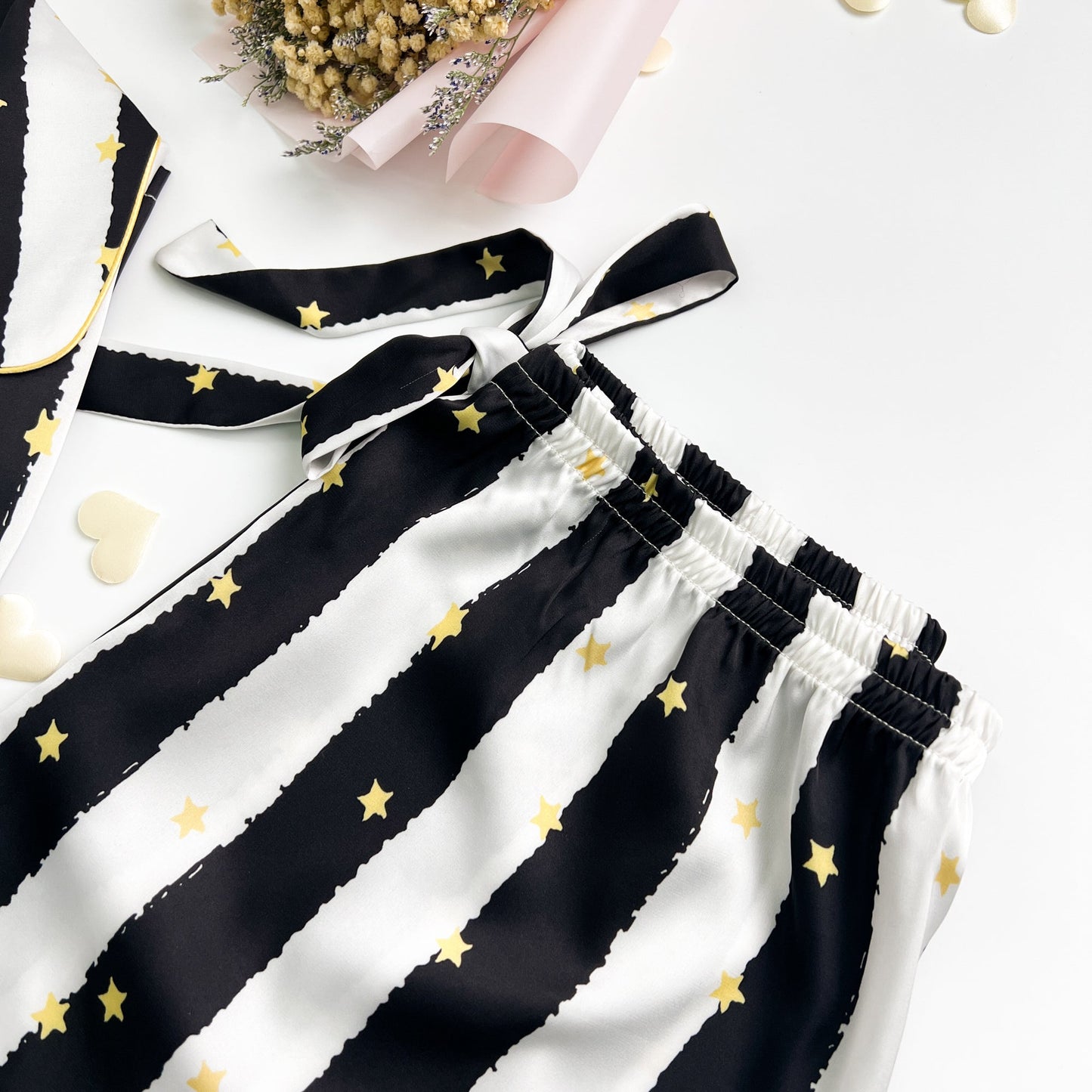 Free Shipping For Black Stripe Golde Stars Print Silky Satin Pajamas Set