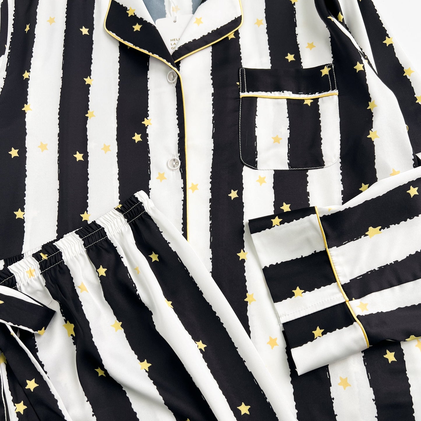 Free Shipping For Black Stripe Golde Stars Print Silky Satin Pajamas Set