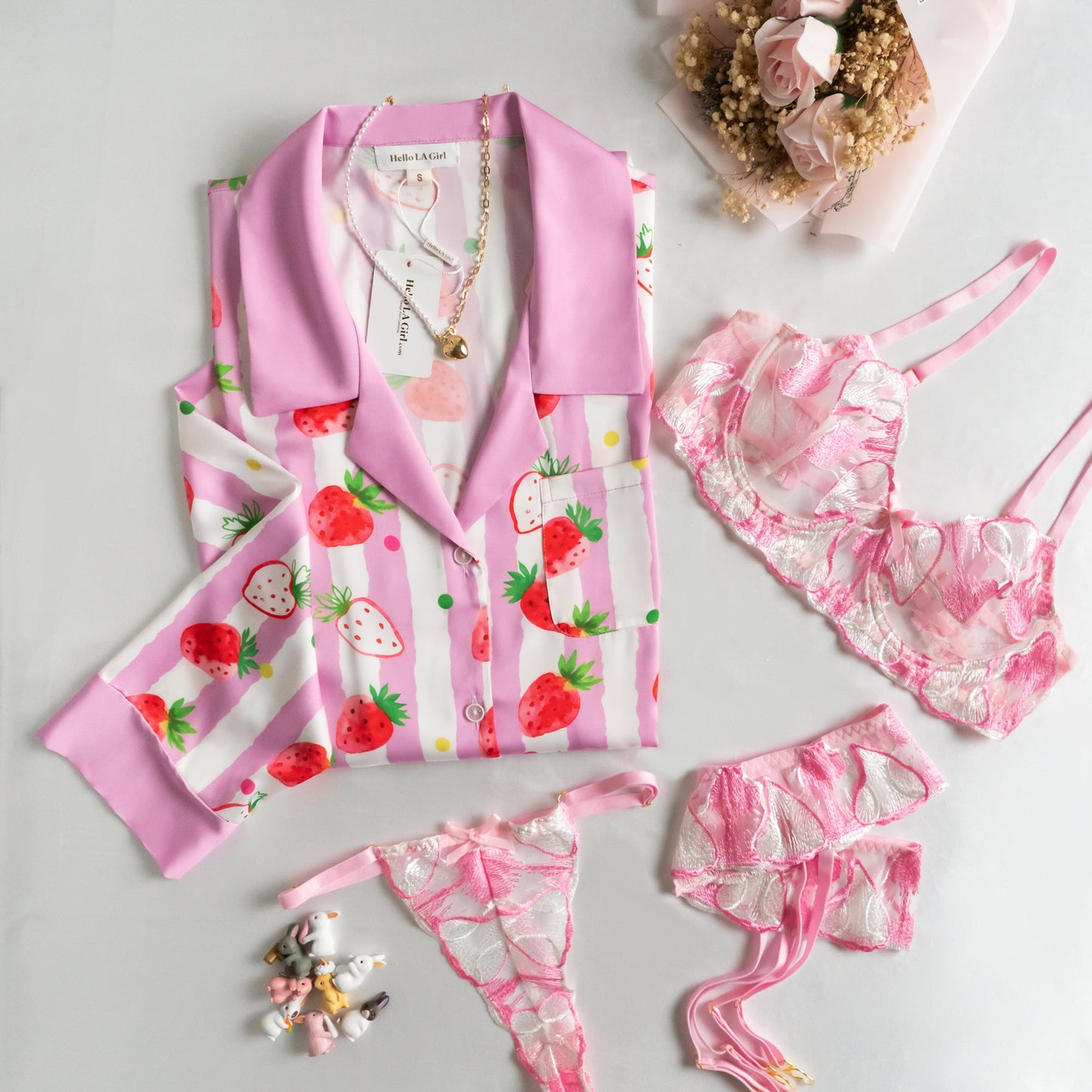 Free Shipping For Strawberries Print Pink Stripes Sleep Shirt Silky Satin Pajamas Sleepshirt