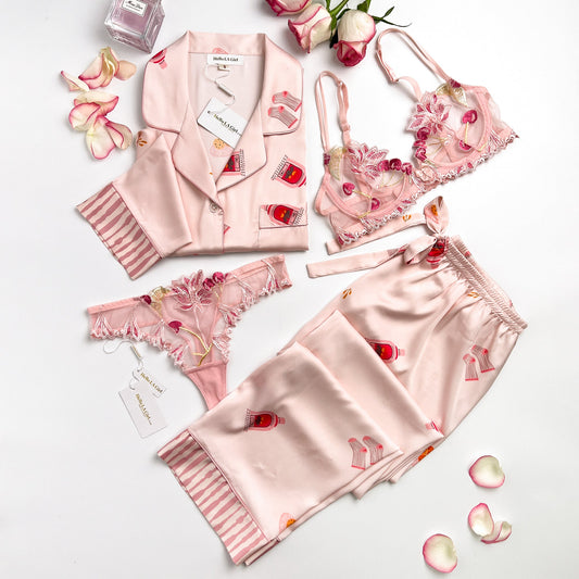 Free Shipping For Cute Pink Stripe Pattern Silky Satin Pajamas Set