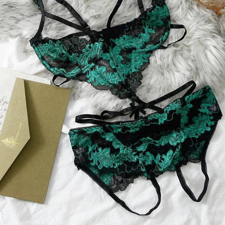 Free Shipping For 'Yuko' Exotic Embroidery Sexy Lingerie Set