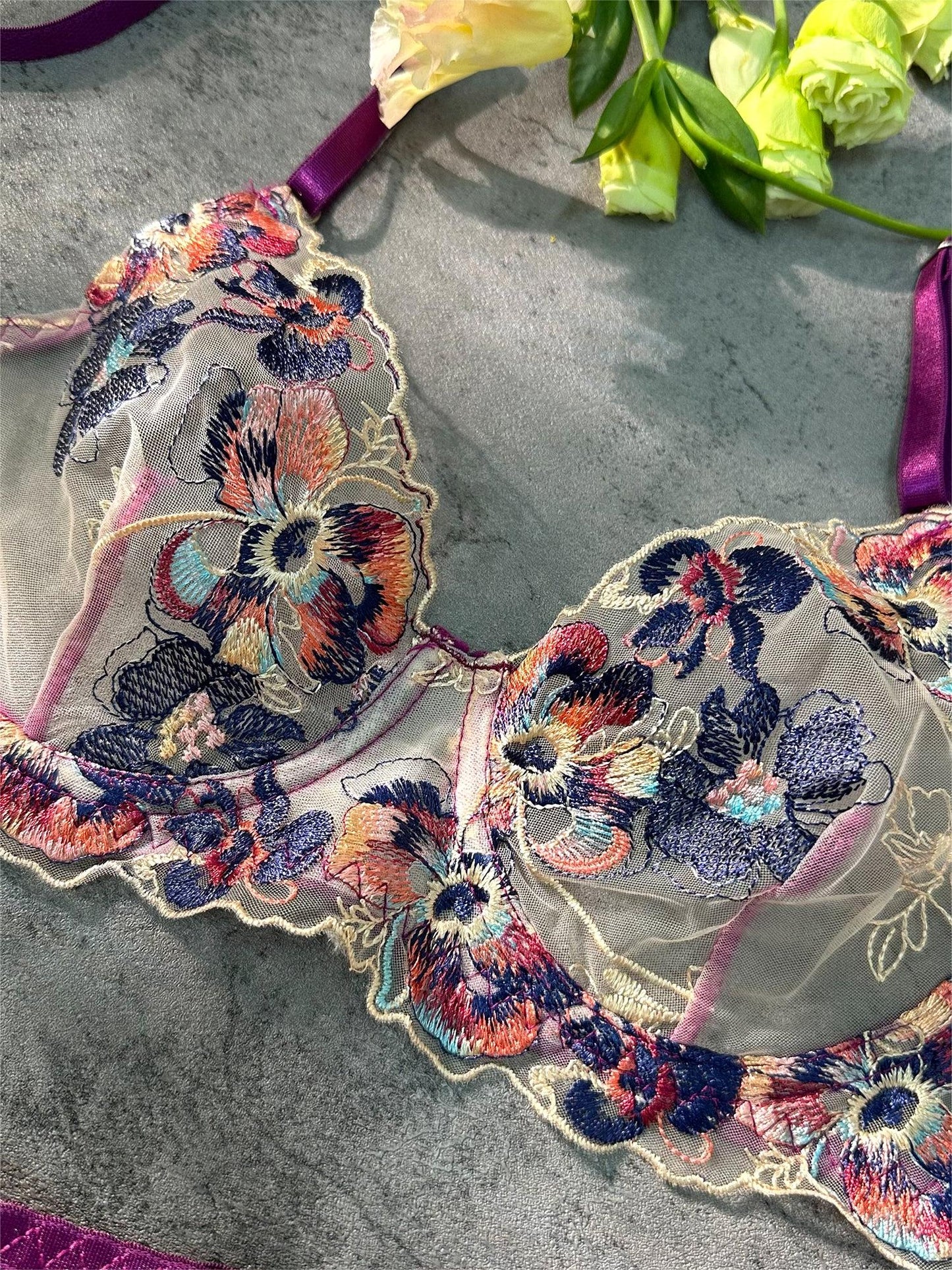 Free Shipping For  Purple Embroidered Floral See-through Lingerie Set