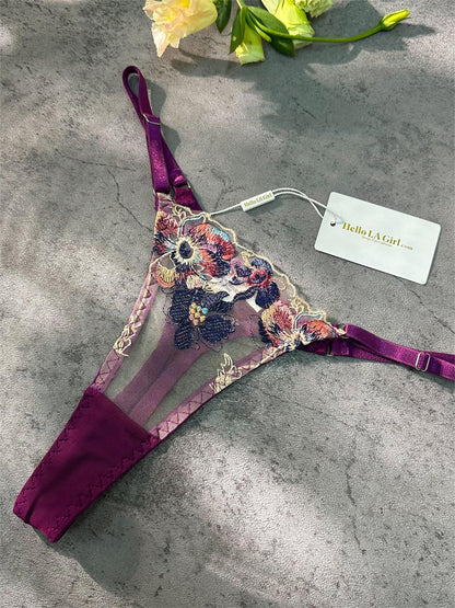 Free Shipping For  Purple Embroidered Floral See-through Lingerie Set