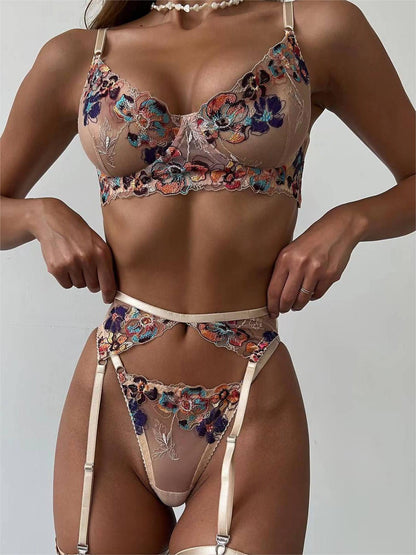 Free Shipping For Nude Embroidered Floral See-through Lingerie Set