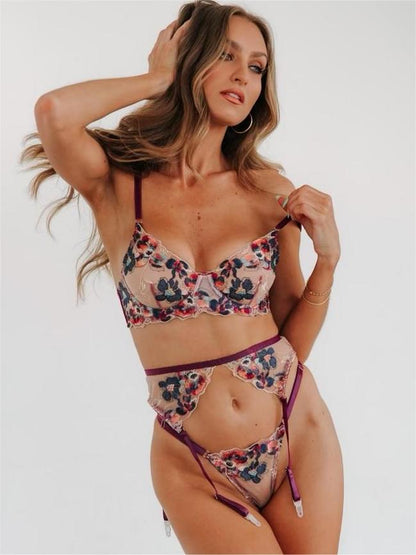 Free Shipping For  Purple Embroidered Floral See-through Lingerie Set