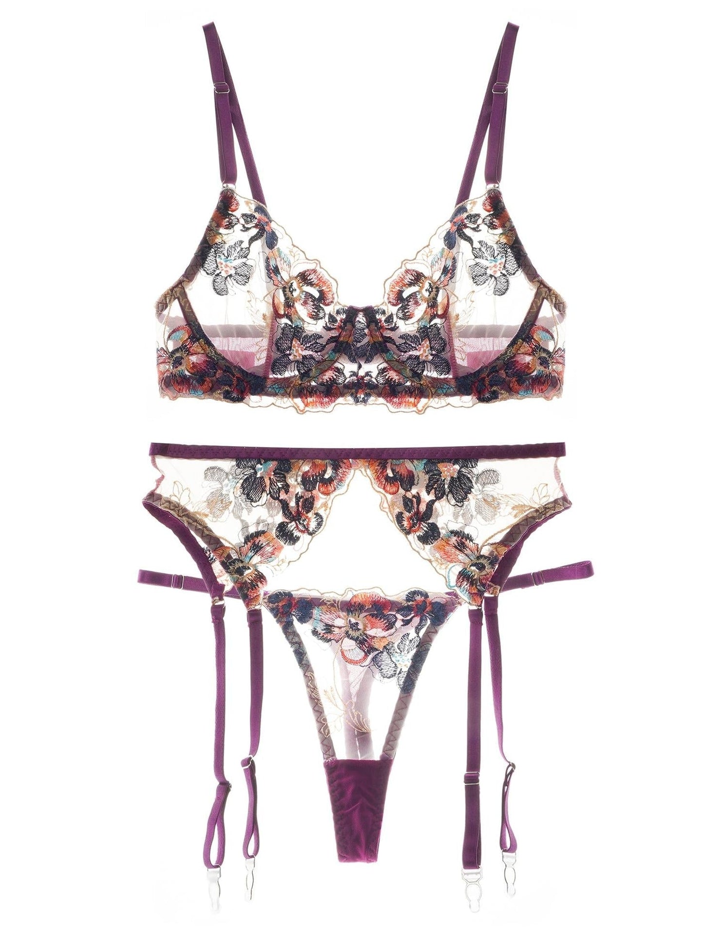 Free Shipping For  Purple Embroidered Floral See-through Lingerie Set