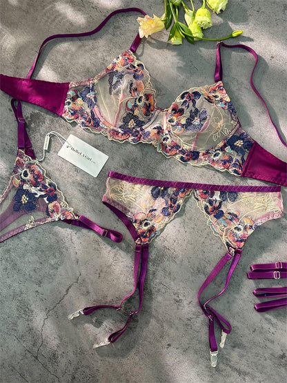 Free Shipping For  Purple Embroidered Floral See-through Lingerie Set