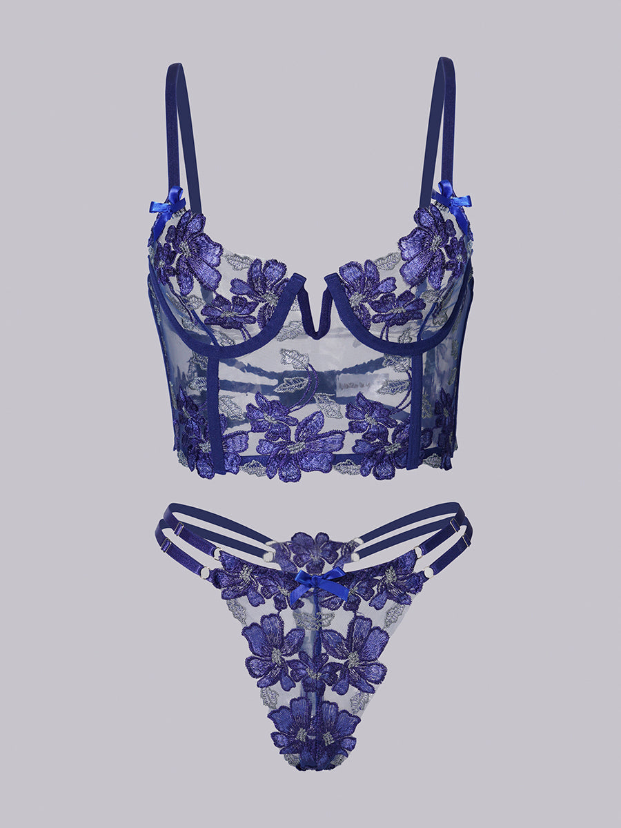 Free Shipping For Blue Floral Embroidery Bustier Straps Lingerie Set