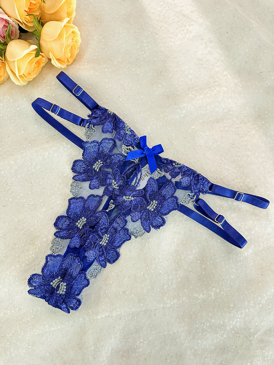 Free Shipping For Blue Floral Embroidered Mesh Sheer Thong