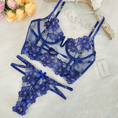 Free Shipping For Blue Floral Embroidered Mesh Sheer Thong