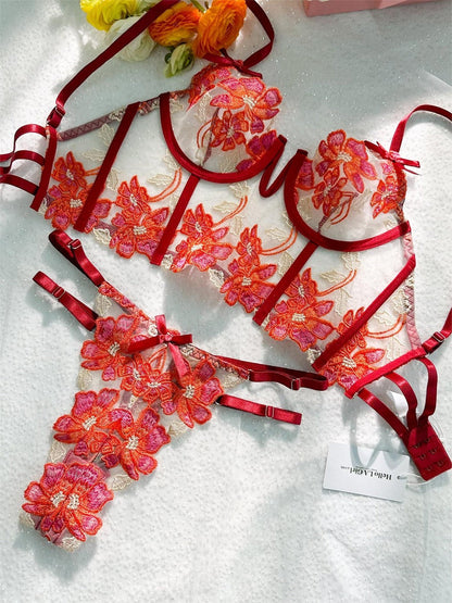 Free Shipping For Red Floral Embroidery Bustier Straps Lingerie Set