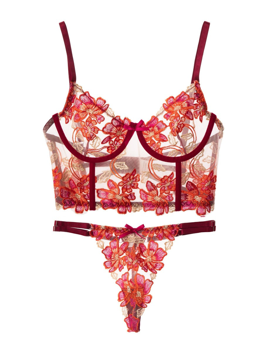 Free Shipping For Red Floral Embroidery Bustier Straps Lingerie Set