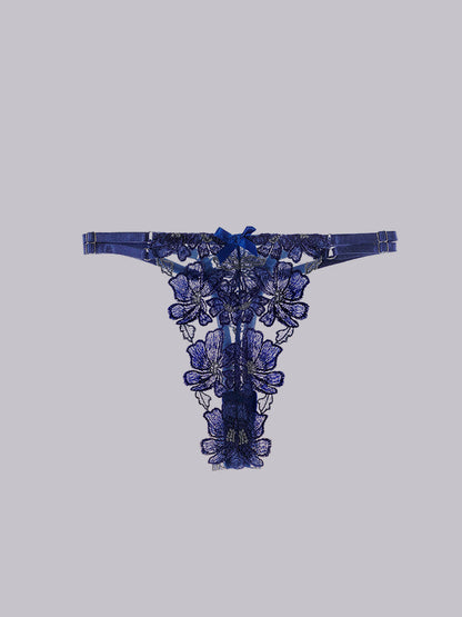 Free Shipping For Blue Floral Embroidered Mesh Sheer Thong