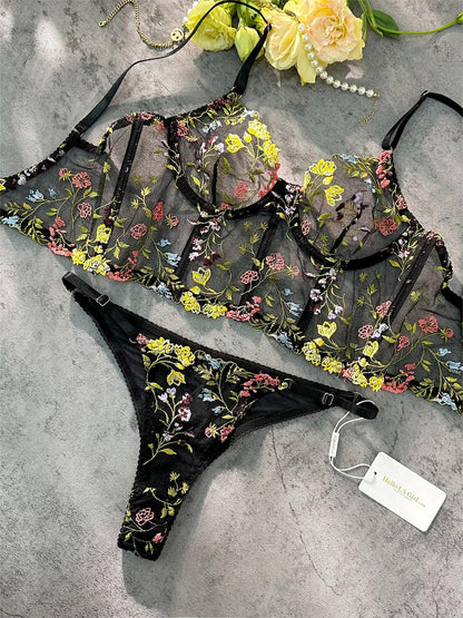 Free Shipping For Black Floral Sexy Sheer Embroidered Lingerie Set