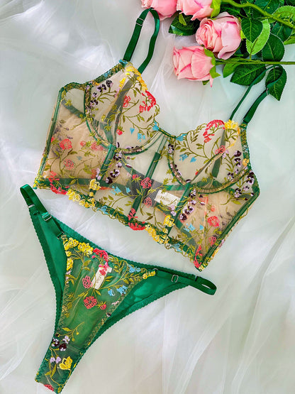 Free Shipping For Green Floral Sexy Sheer Embroidered Lingerie Set