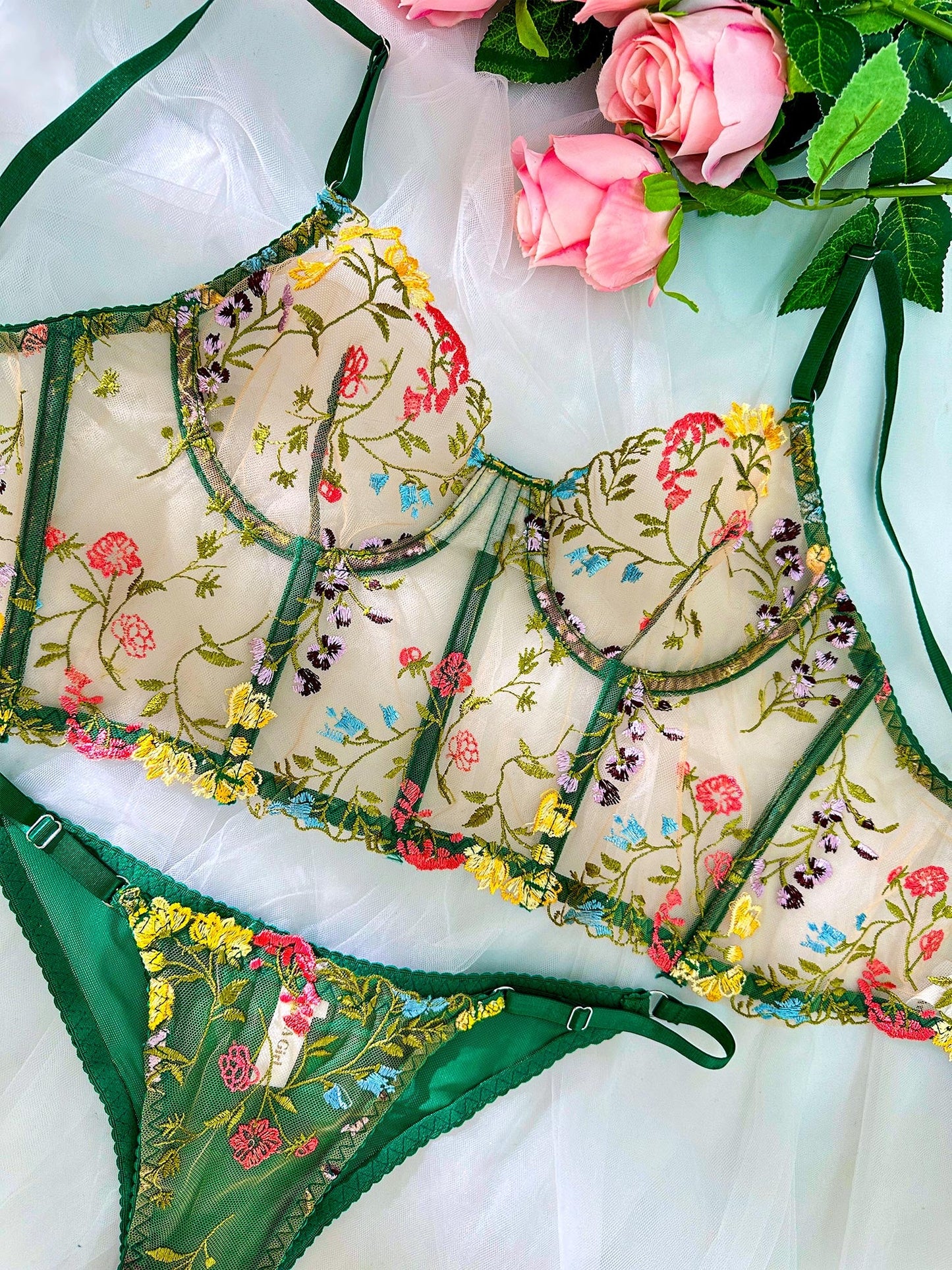 Free Shipping For Green Floral Sexy Sheer Embroidered Lingerie Set