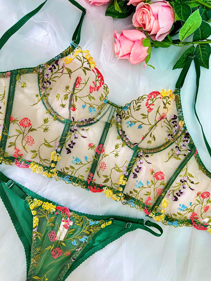 Free Shipping For Green Floral Sexy Sheer Embroidered Lingerie Set