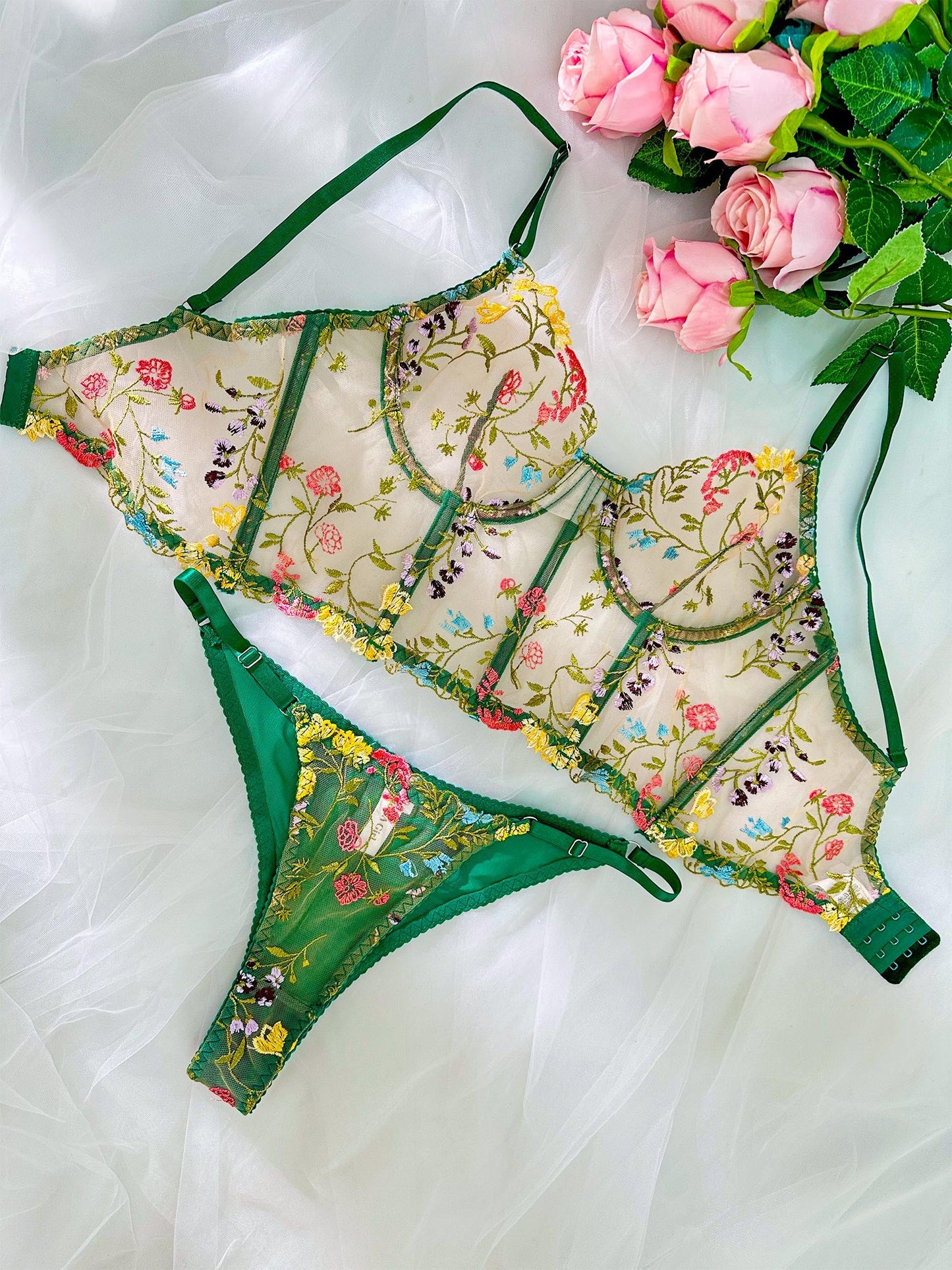 Free Shipping For Green Floral Sexy Sheer Embroidered Lingerie Set