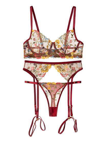 Free Shipping For Wine Red Floral Embroidery Lace Cup Lingerie Set