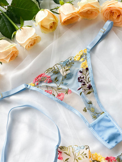 Free Shipping For Light Blue Floral Embroidery Lace Cup Lingerie Set