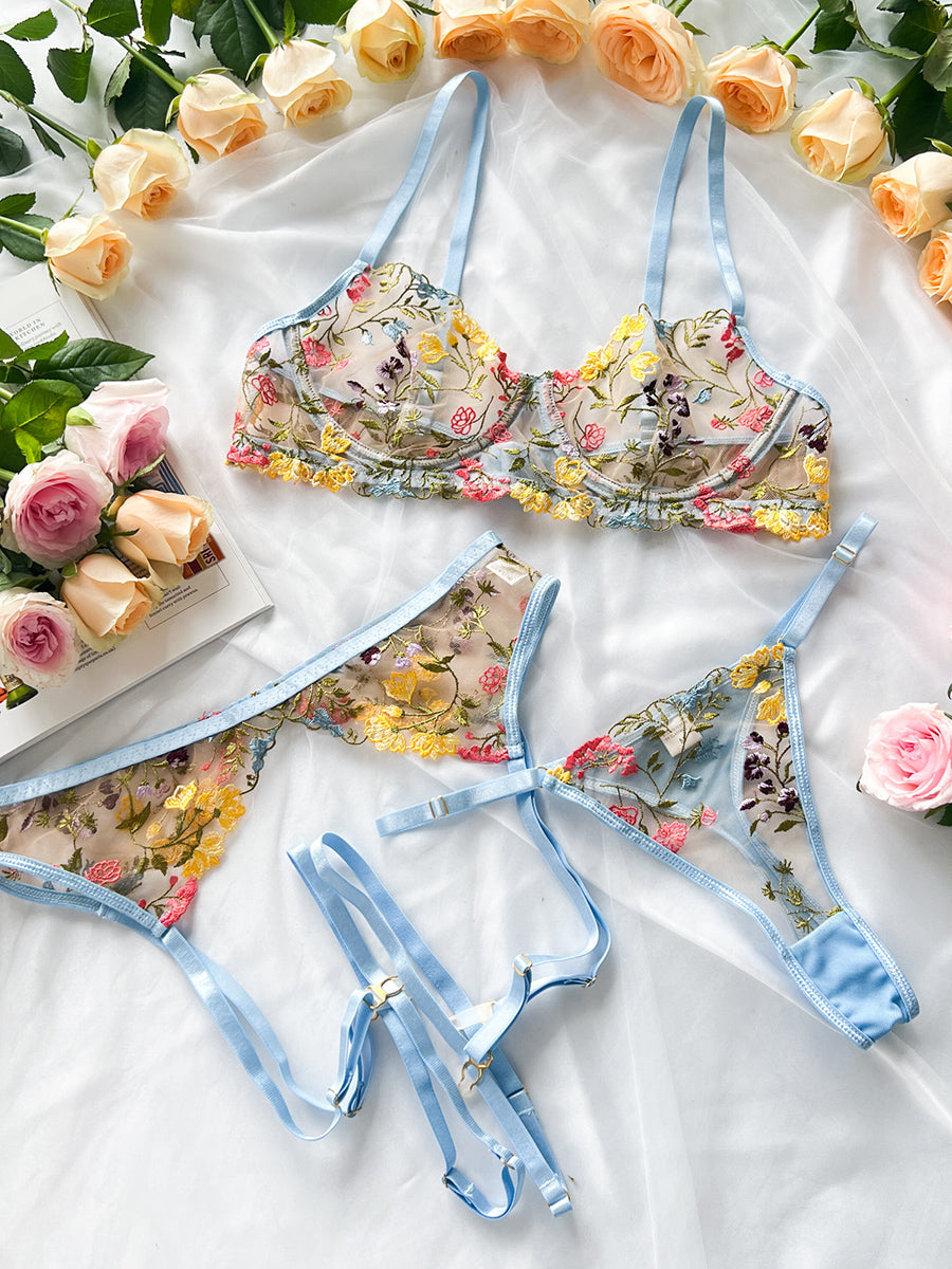 Free Shipping For Light Blue Floral Embroidery Lace Cup Lingerie Set