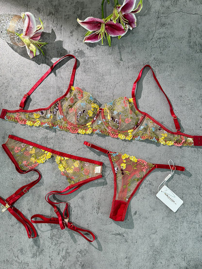 Free Shipping For Wine Red Floral Embroidery Lace Cup Lingerie Set