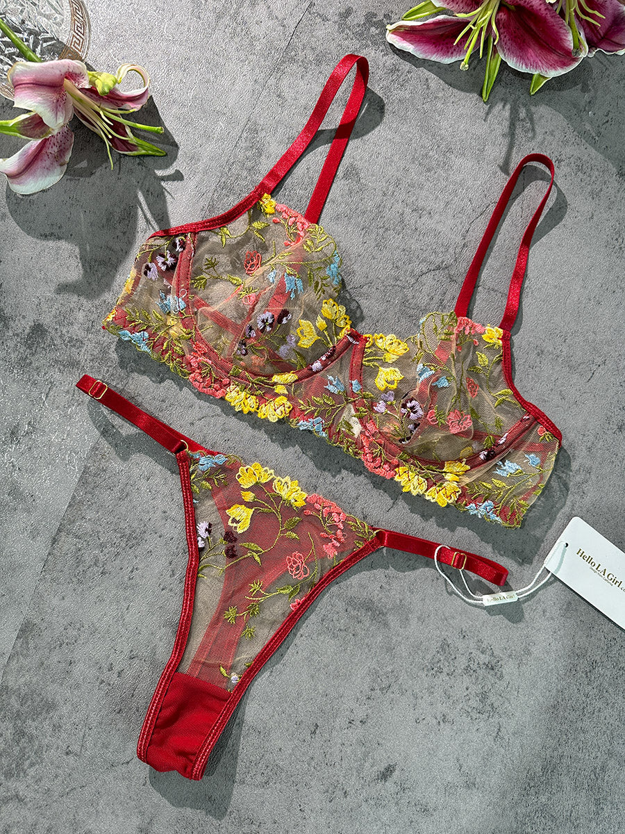 Free Shipping For Wine Red Floral Embroidery Lace Cup Lingerie Set