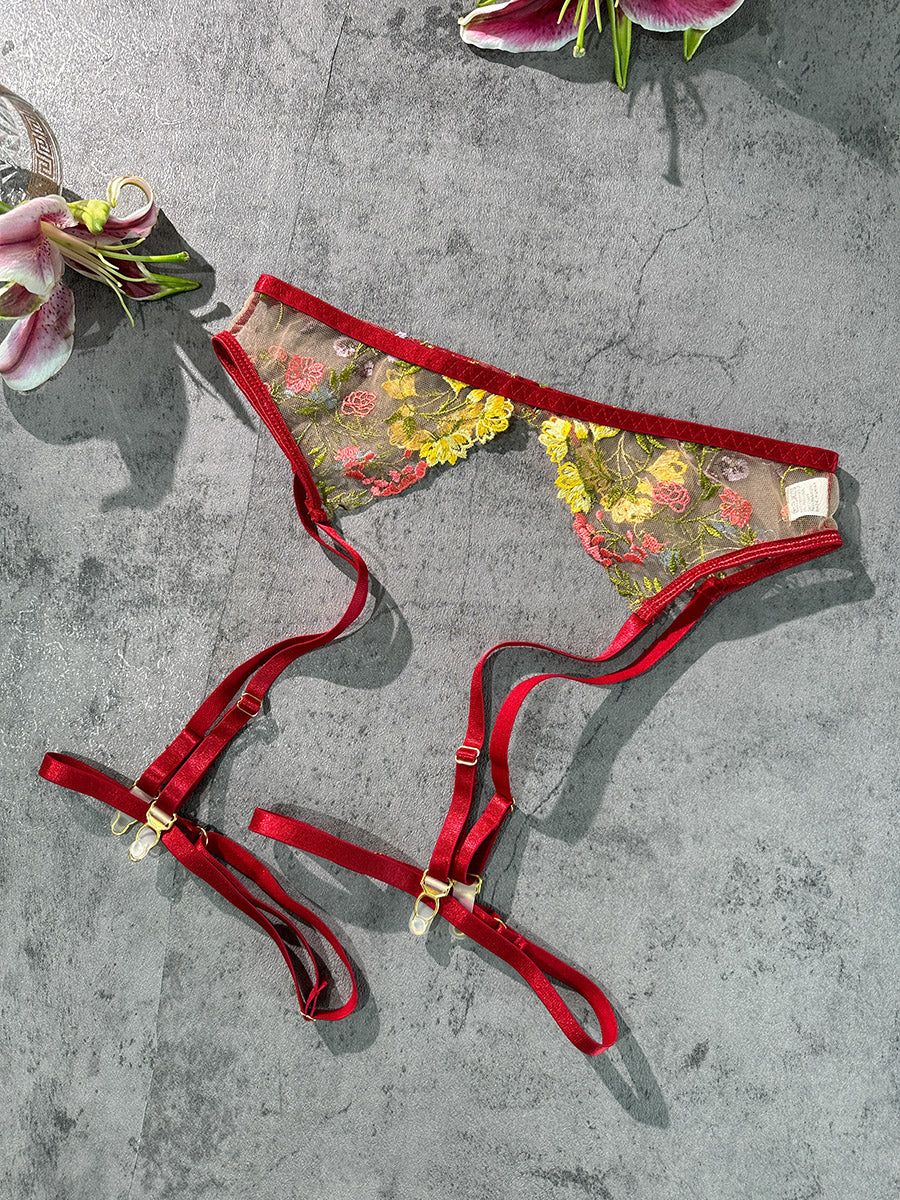 Free Shipping For Wine Red Floral Embroidery Lace Cup Lingerie Set