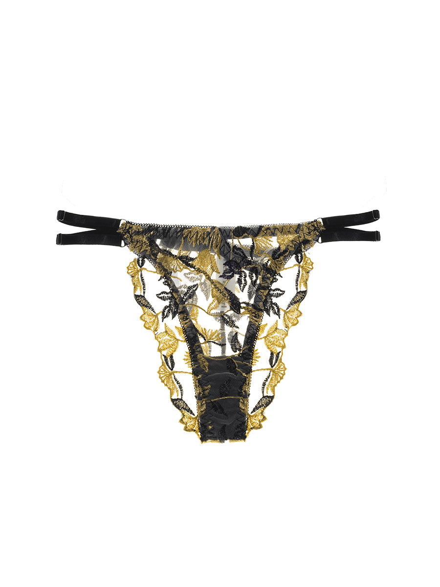 Free Shipping For  Black & Yellow Embroidered  Thong