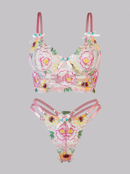 Free Shipping For Pink Floral Embroidery Lingerie Set