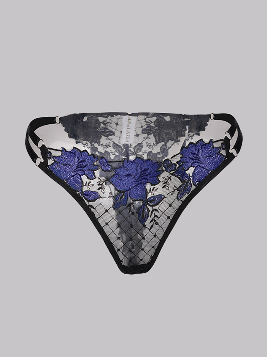 Free Shipping For Black&Blue Floral Embroidered Mesh Sheer Thong