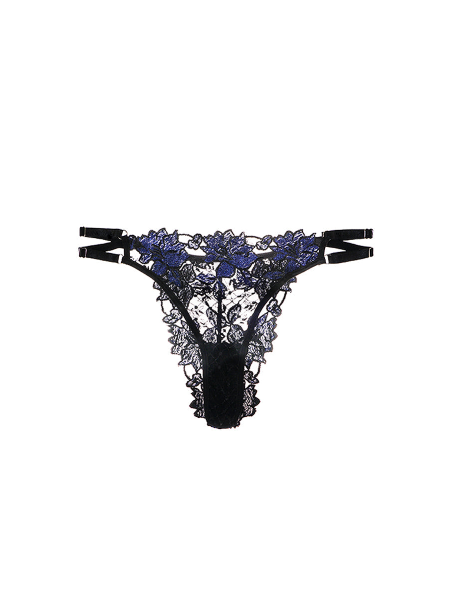 Free Shipping For Black&Blue Floral Embroidered Mesh Sheer Thong