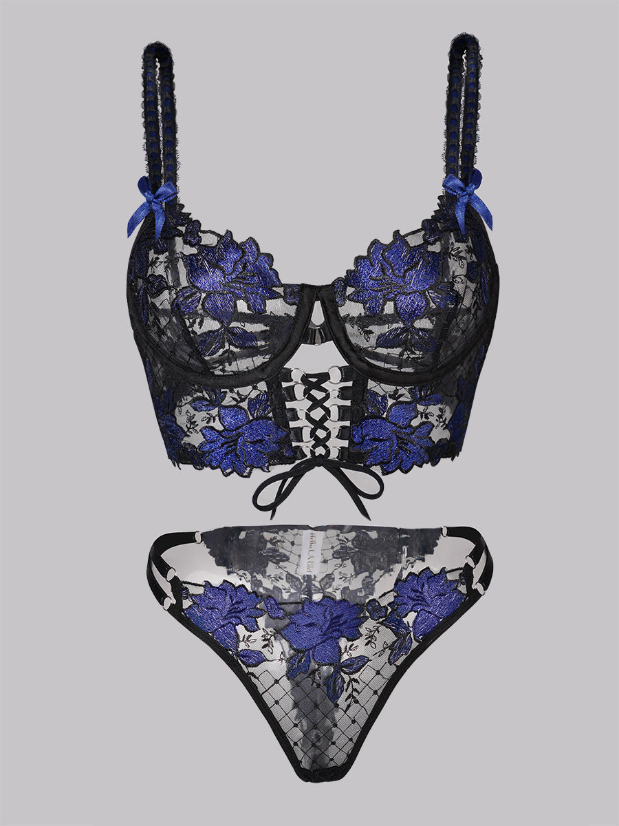 Free Shipping For Black&Blue Floral Embroidery Ribbon Lingerie Set