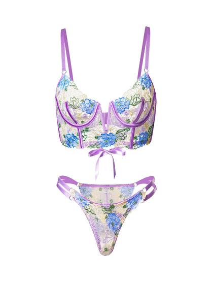 Free Shipping For  Purple Florals Embroidery Bustier  Lingerie Set