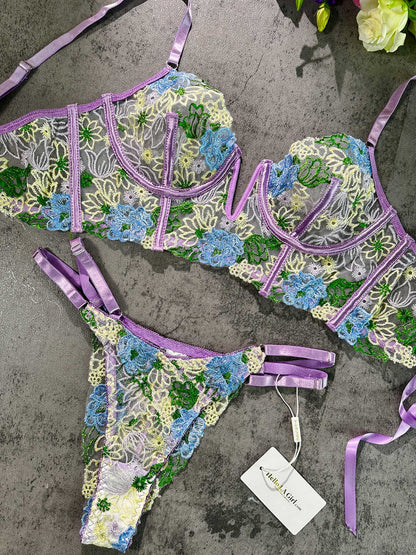 Free Shipping For  Purple Florals Embroidery Thong