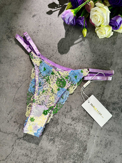 Free Shipping For  Purple Florals Embroidery Thong