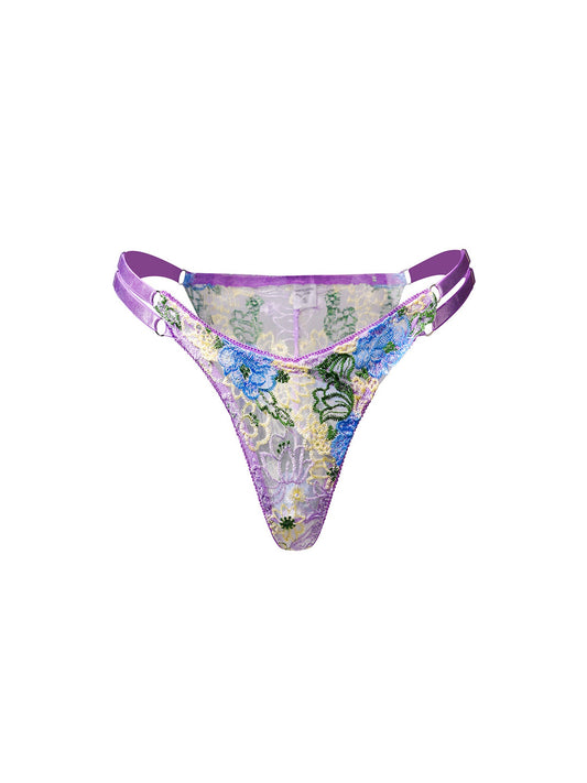 Free Shipping For  Purple Florals Embroidery Thong