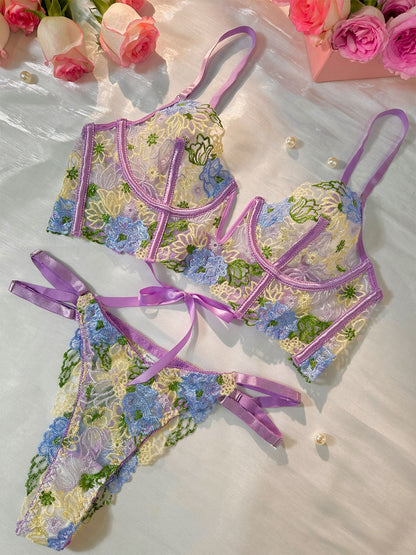 Free Shipping For  Purple Florals Embroidery Bustier  Lingerie Set