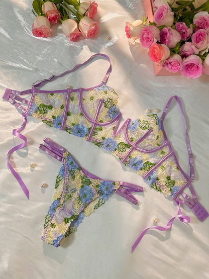 Free Shipping For  Purple Florals Embroidery Bustier  Lingerie Set