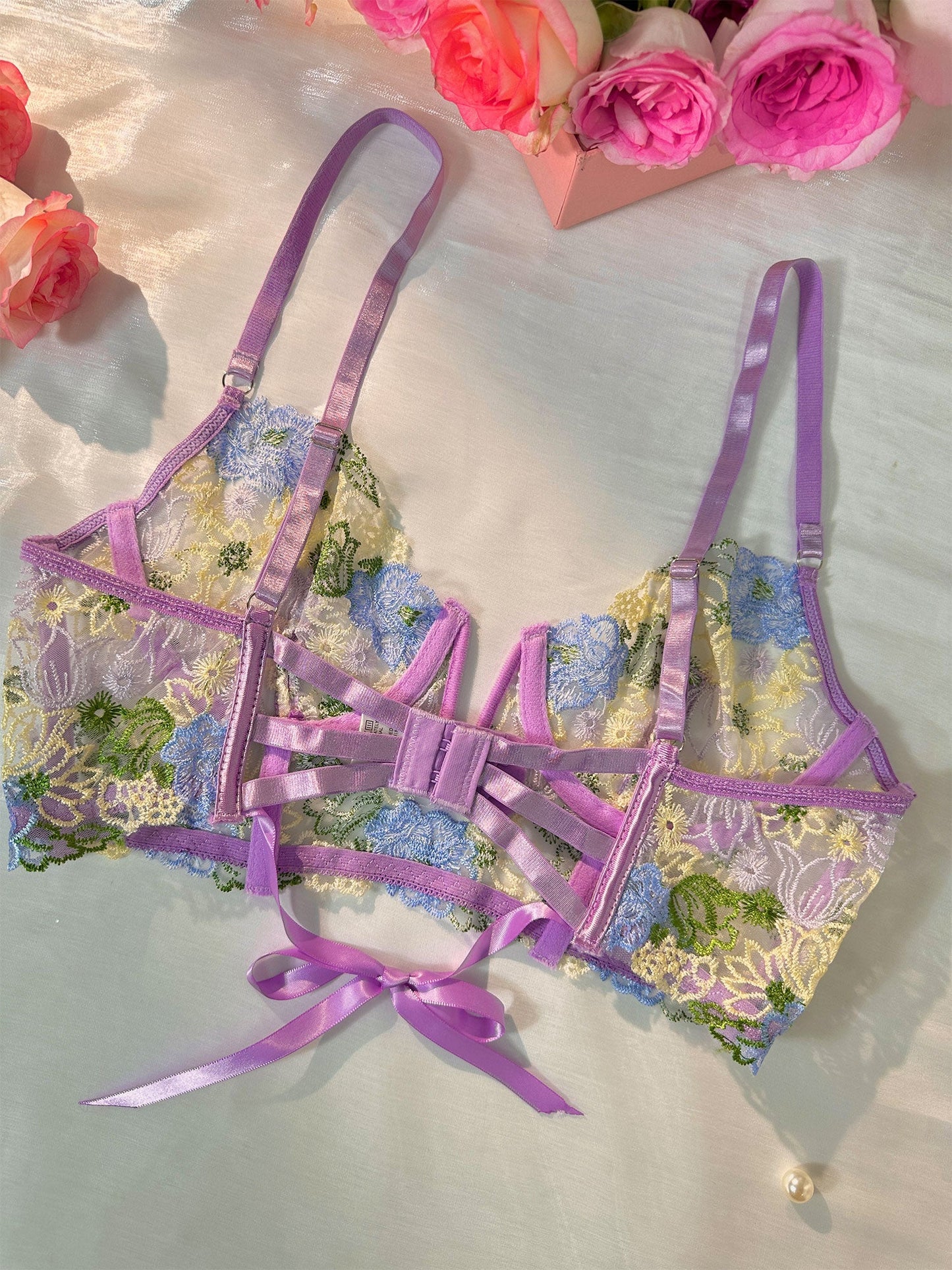 Free Shipping For  Purple Florals Embroidery Bustier  Lingerie Set