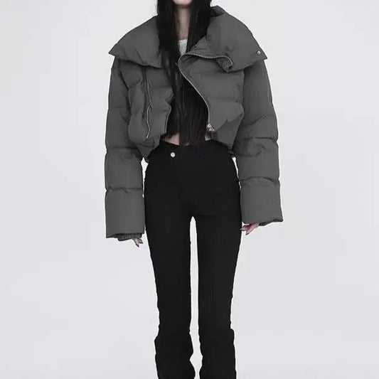 Free Shipping For 'Zero Degree' Grey Diagonal Collar Crop Puffer