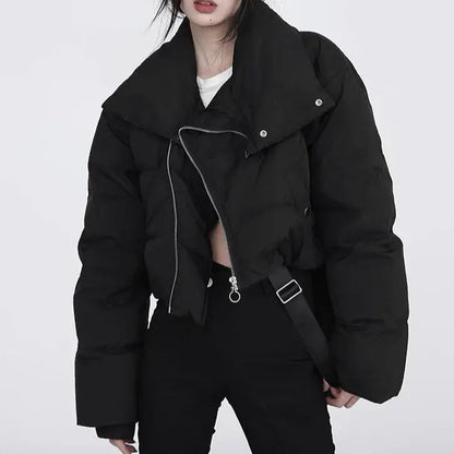 Free Shipping For 'Zero Degree' Grey Diagonal Collar Crop Puffer